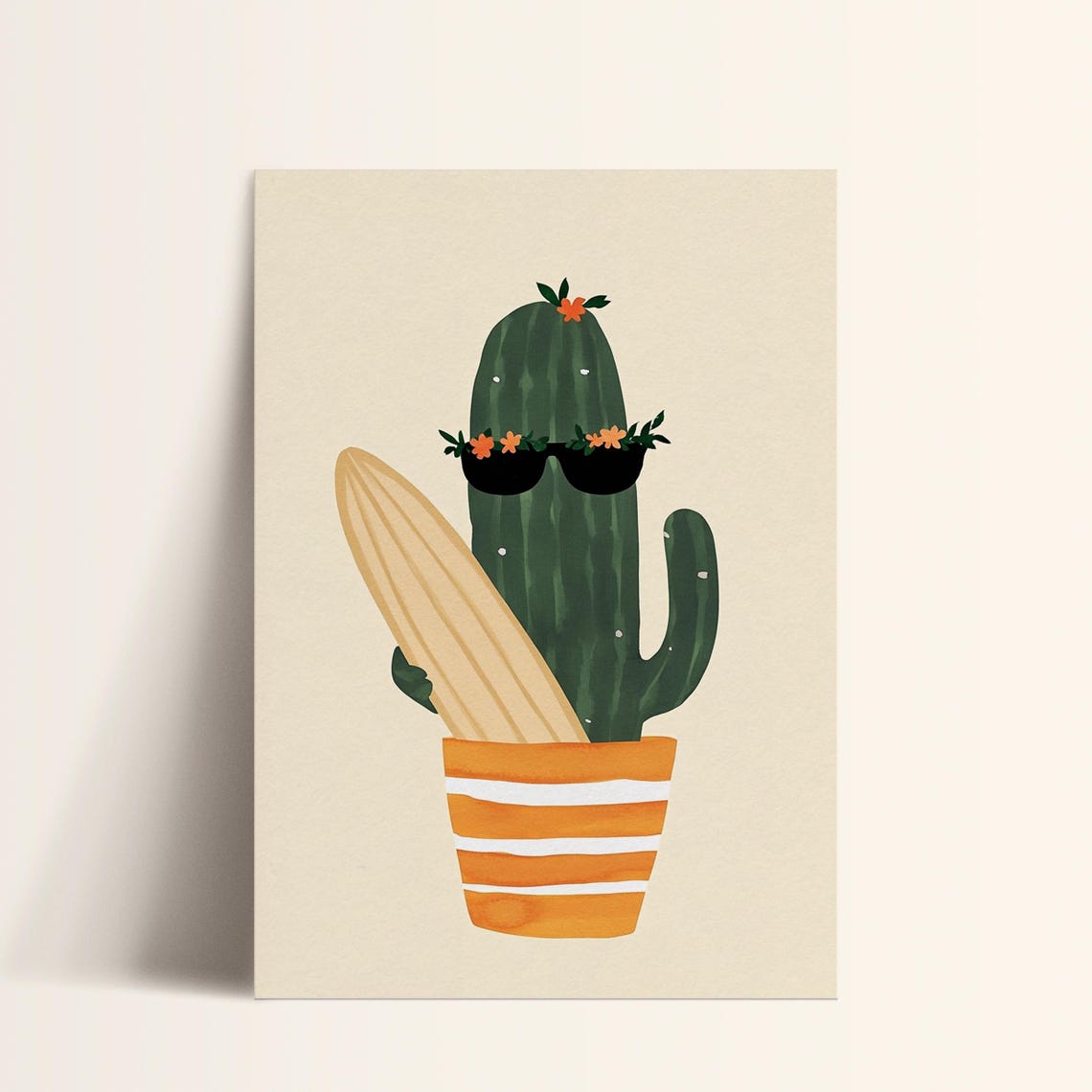 Cute Cactus with Flower Sunglasses Surfboard Summer Art Poster