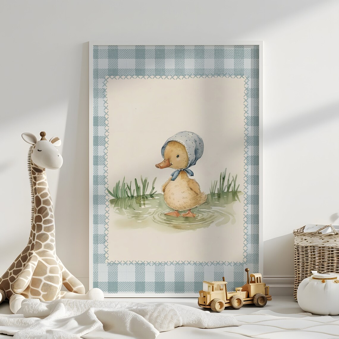 Duckling In Blue Bonnet Vintage Gingham Border Baby Room Decor Art Poster - Image 2