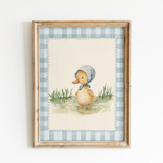 Charming Duckling Nursery Wall Art Vintage Baby Room Decor Blue Gingham With Realistic Linen Texture And Stitching