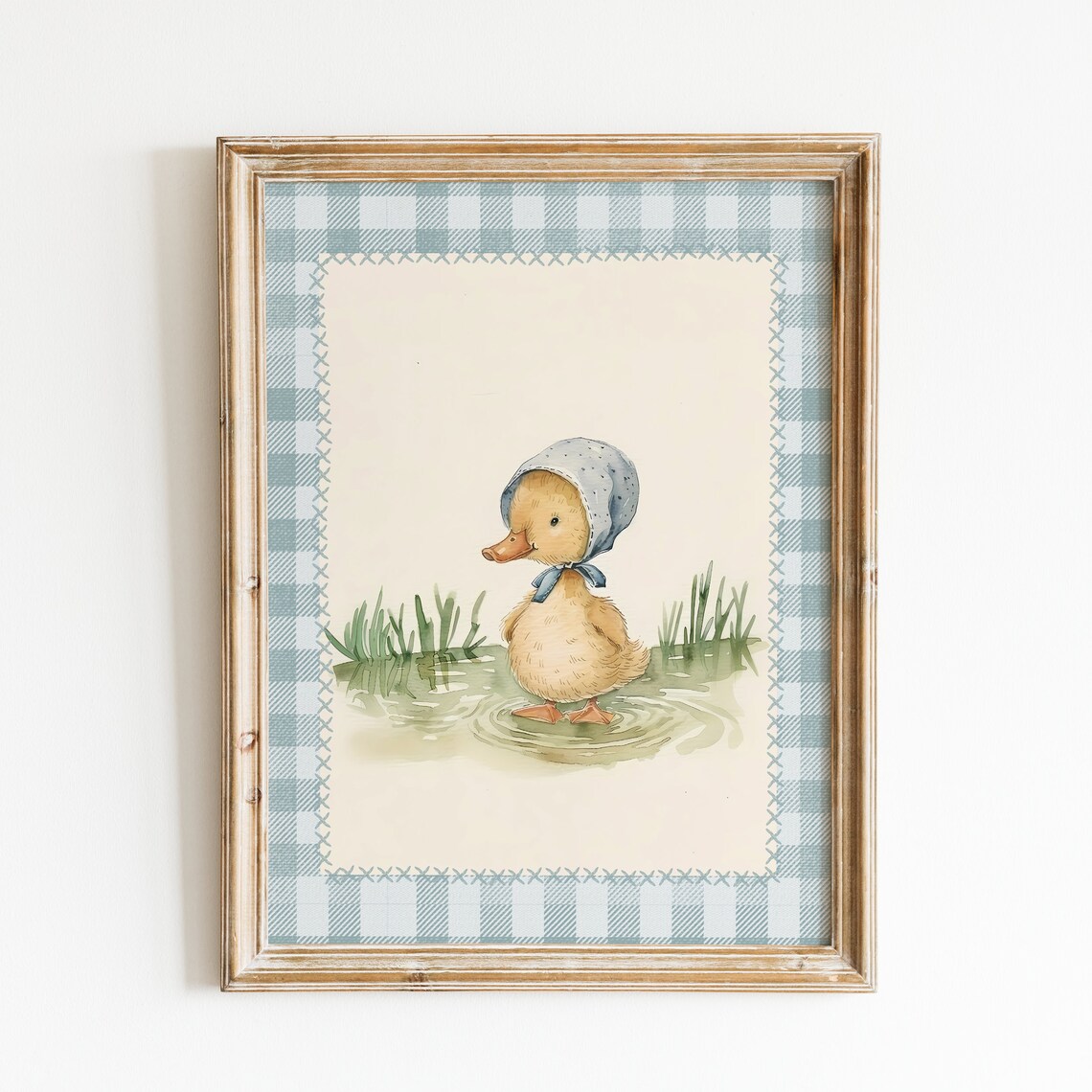 Duckling In Blue Bonnet Vintage Gingham Border Baby Room Decor Art Poster