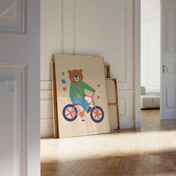 Bear Riding A Pink Bicycle Playful Cartoon Animal Kids Illustrated Poster