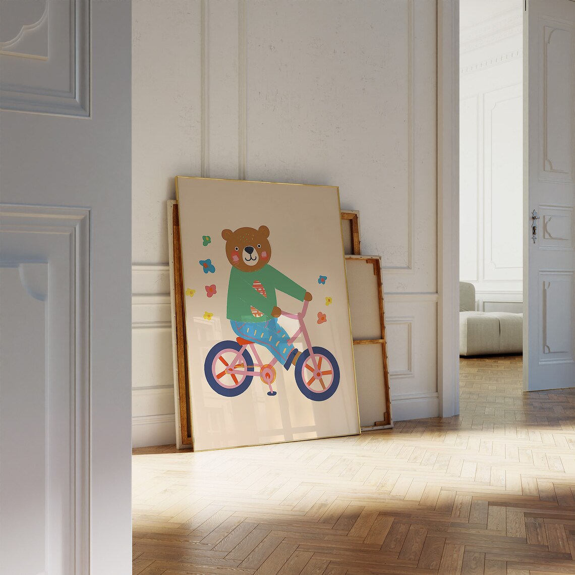 Bear Riding A Pink Bicycle Playful Cartoon Animal Kids Illustrated Poster