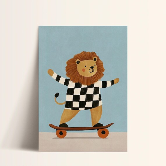 Lion Riding Skateboard in Checkered Shirt Kids Sports Art Poster