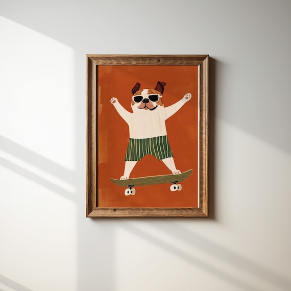 Bulldog Puppy Sunglasses Skateboard Burnt Orange Kids Poster