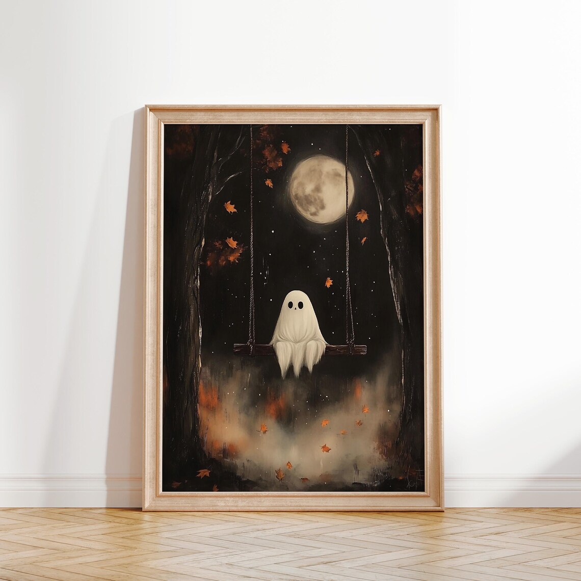 Ghost On Swing Full Moon Autumn Night Vintage Halloween Wall Poster - Image 2