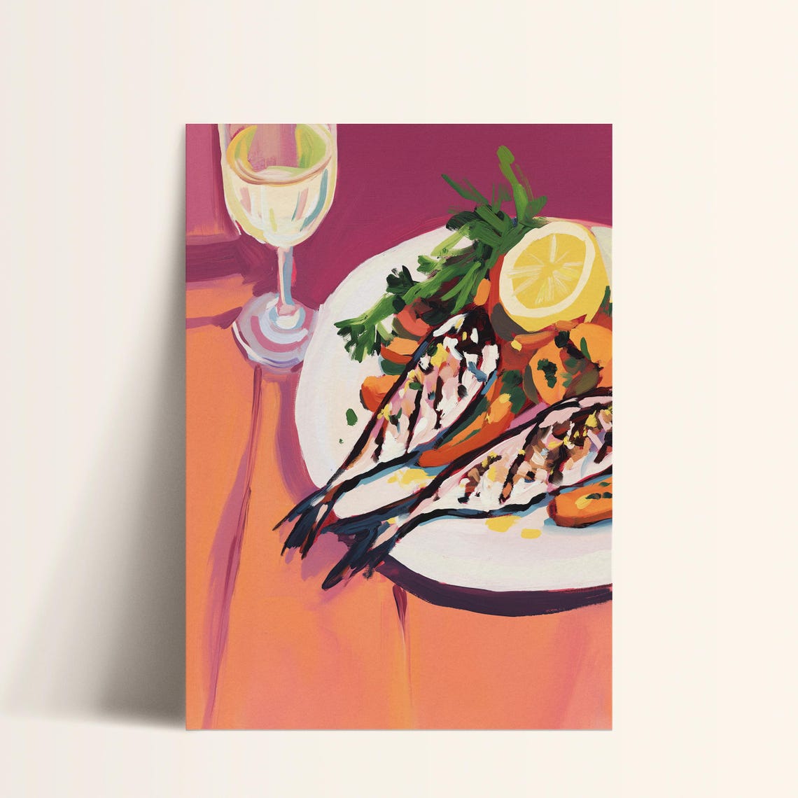 Grilled Whole Fish Lemon Herbs White Wine Painterly Kitchen Art Poster - Image 2
