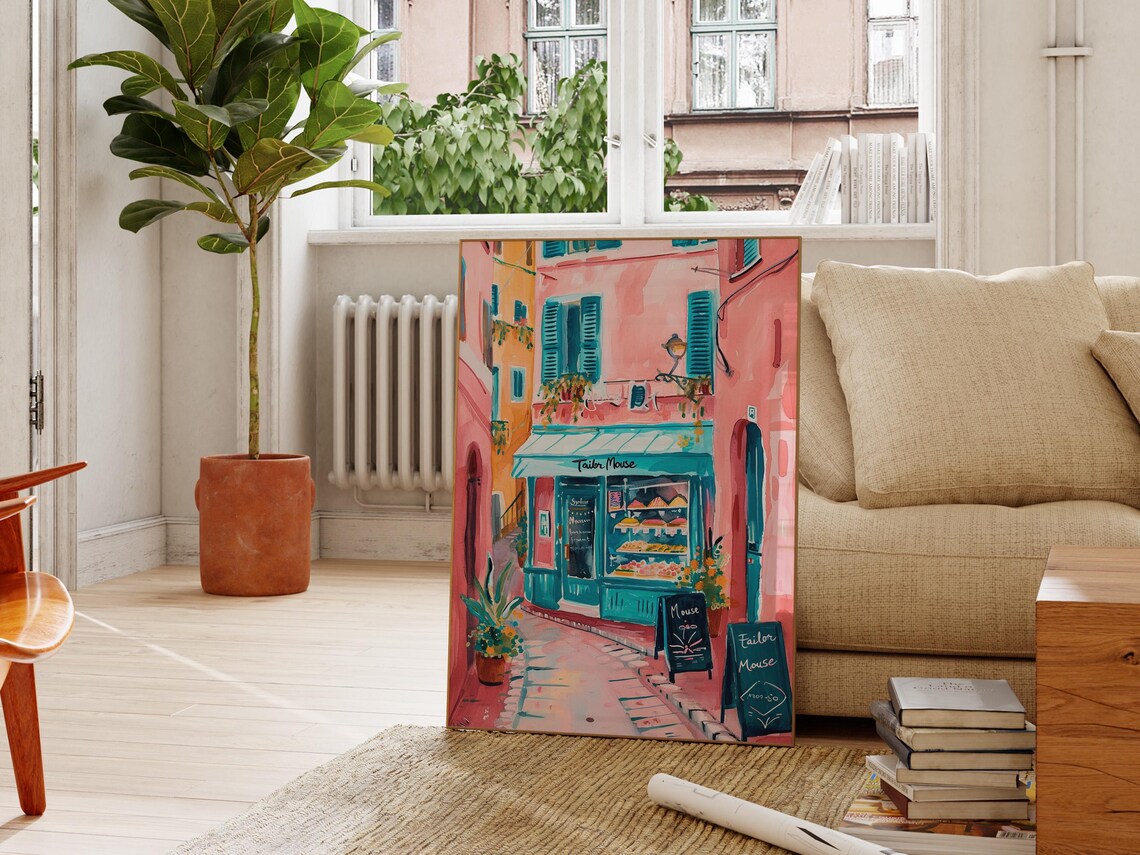 Parisian Street Cafe Art Poster with Pink Buildings and Teal Shutters