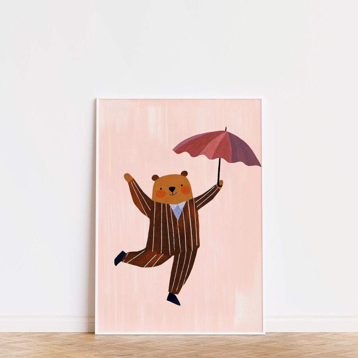 Dancing Bear Pink Umbrella Rain Striped Suit Cute Nursery Wall Art Print - Image 4