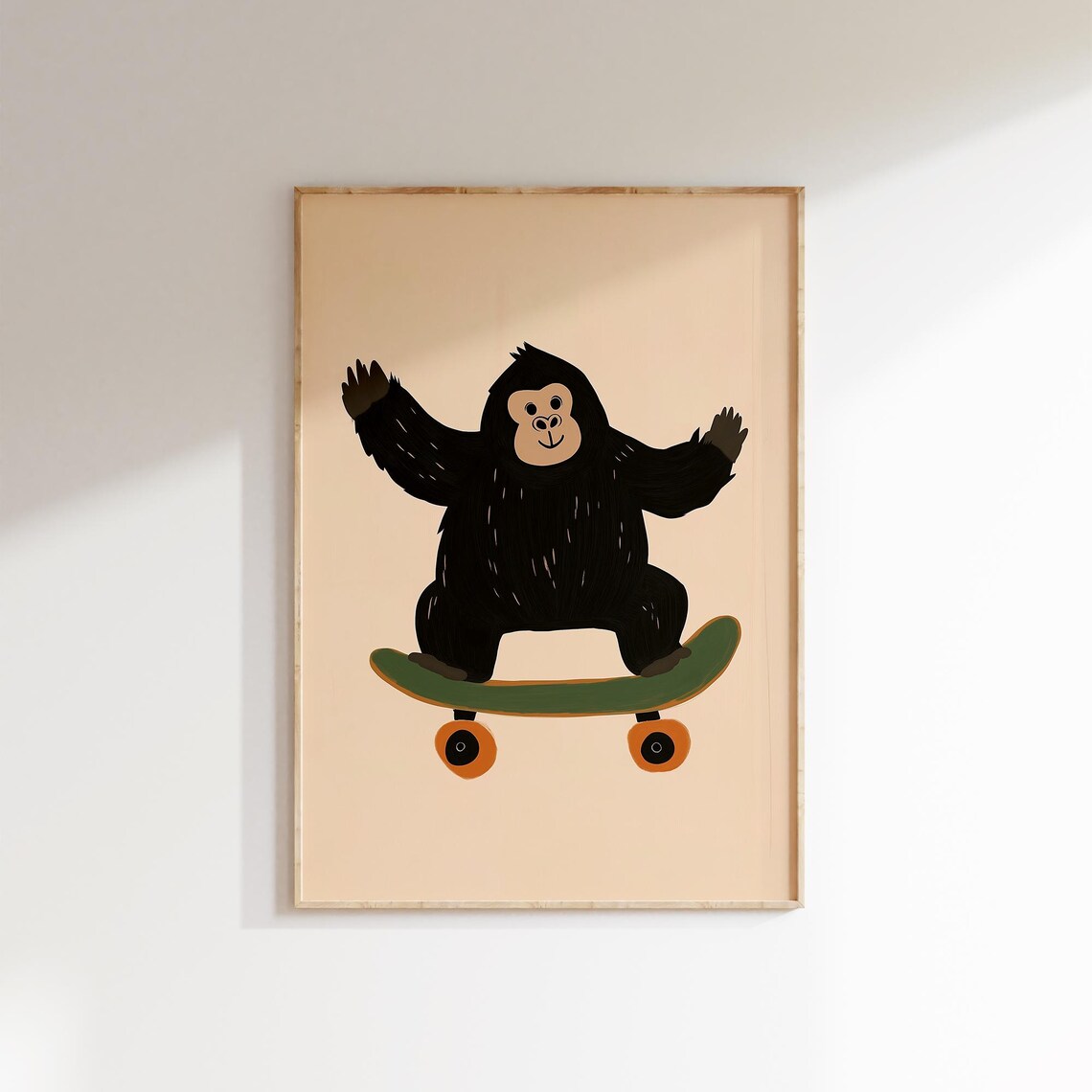 Playful Gorilla Riding Green Skateboard Nursery Kids Animal Poster