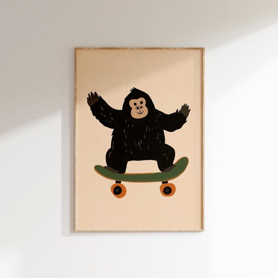 Gorilla Skateboard Print Playful Animal Art Boys Room Decor Jungle Nursery Playroom Decor Toddler Roon