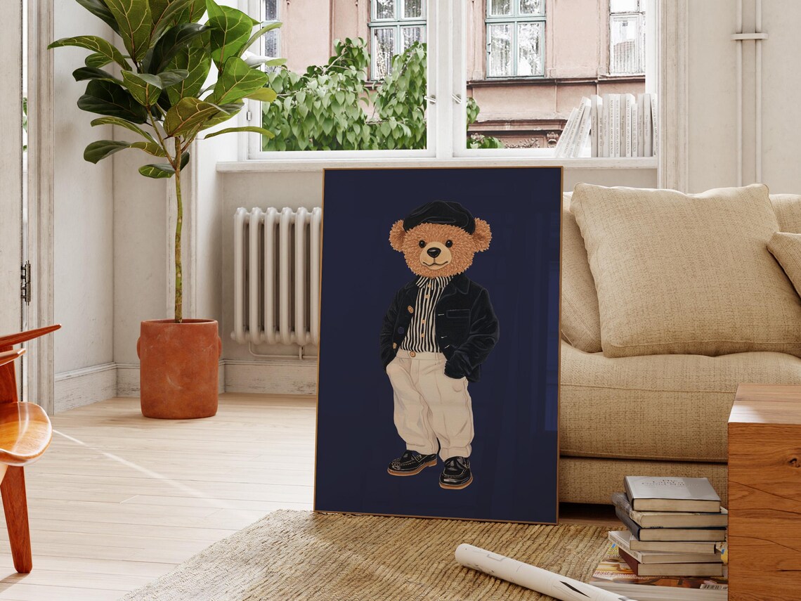 Dapper Teddy Bear in Beret and Black Jacket Chic French Style Art Poster - Image 2