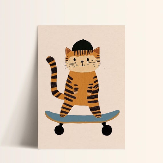 Skateboarding Cat Print Cool Tiger Wall Art Modern Kids Room Decor Sports Nursery Art