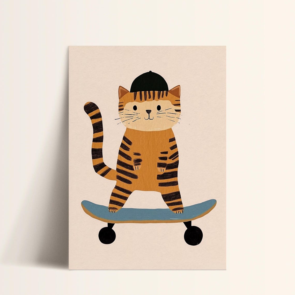 Skateboarding Cat Print Cool Tiger Wall Art Modern Kids Room Decor Sports Nursery Art