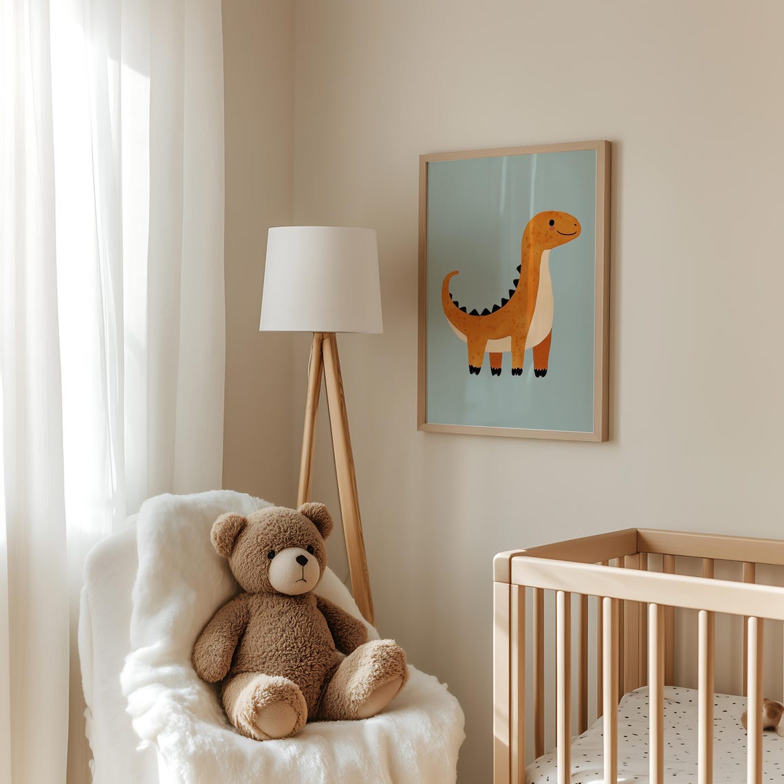 Orange Long Neck Dinosaur Standing Teal Kids Dino Art Poster - Image 3