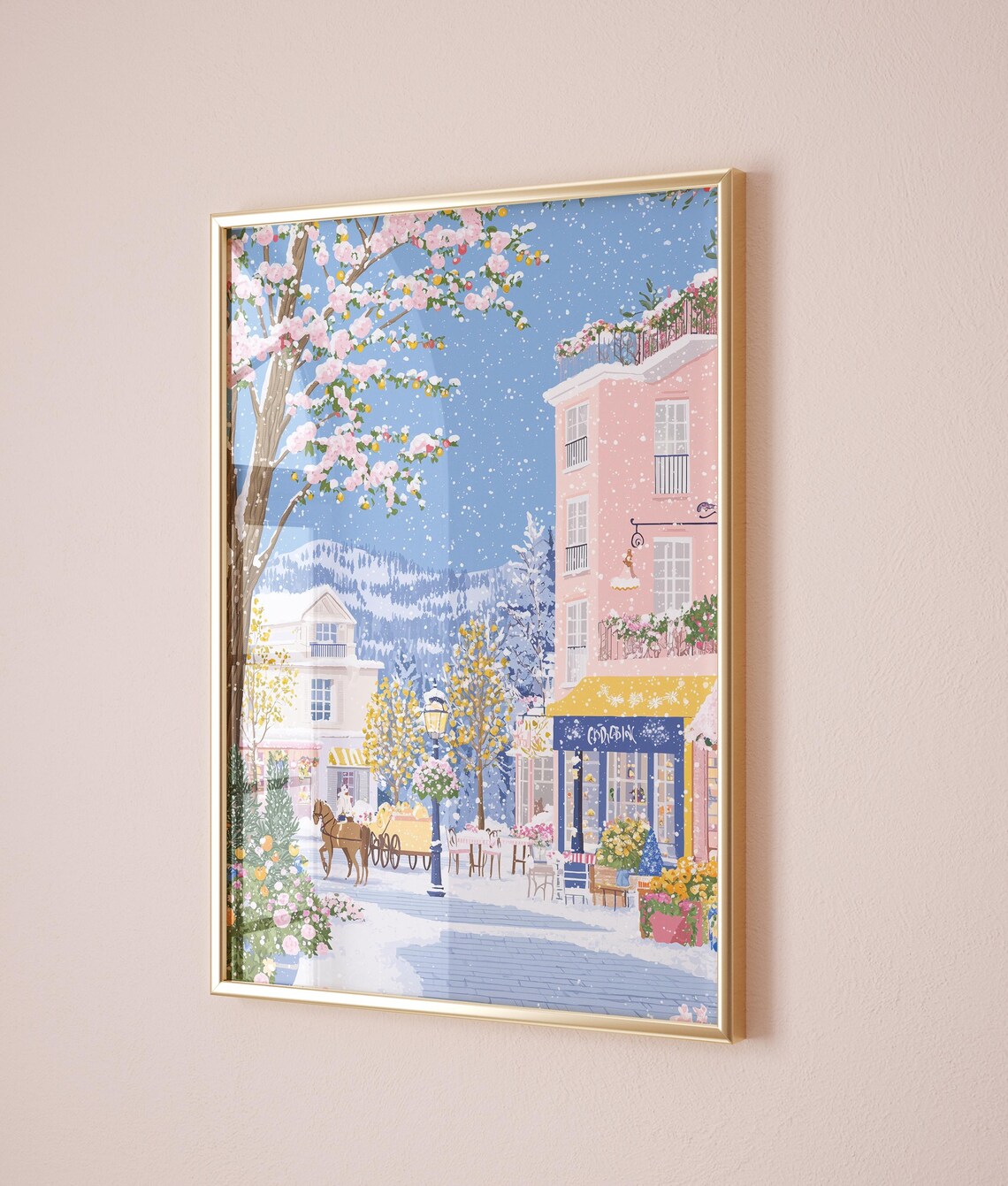 Snowy Village Street Horse Carriage Cherry Blossom Winter Poster - Image 3