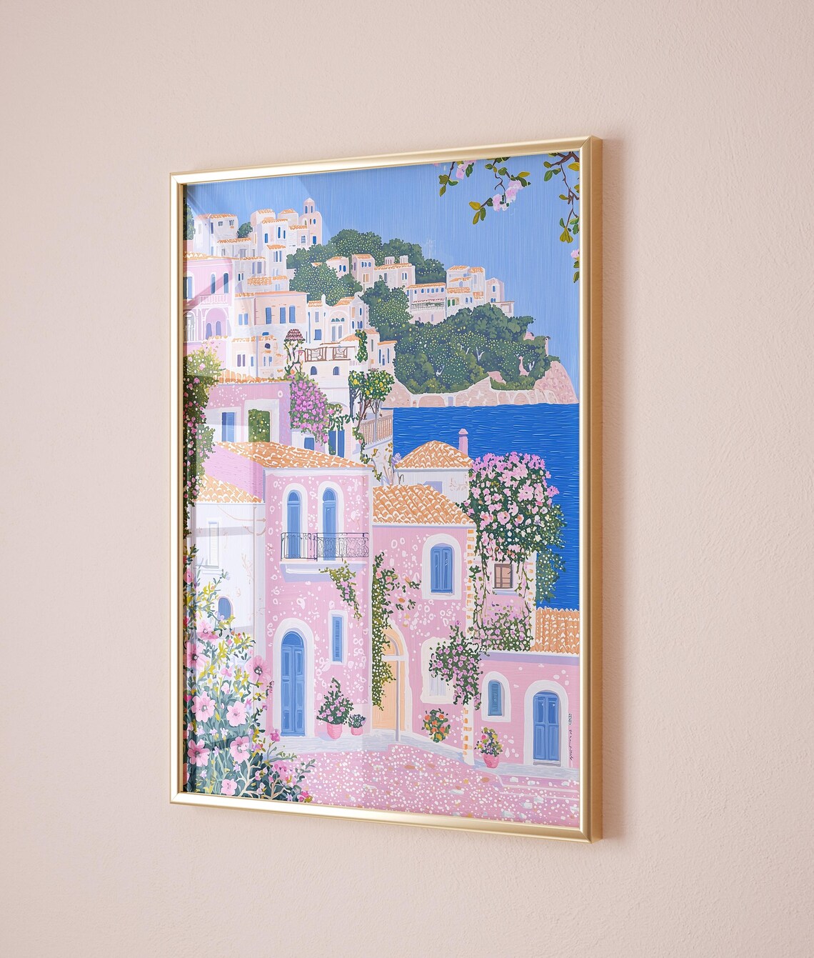 Pink Mediterranean Coastal Village Blue Doors Sea View Floral Town Poster - Image 2