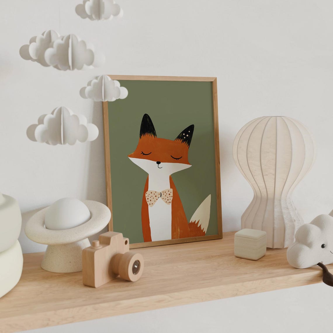 Sweet Sleepy Fox in Bow Tie Green Background Nursery Wall Art