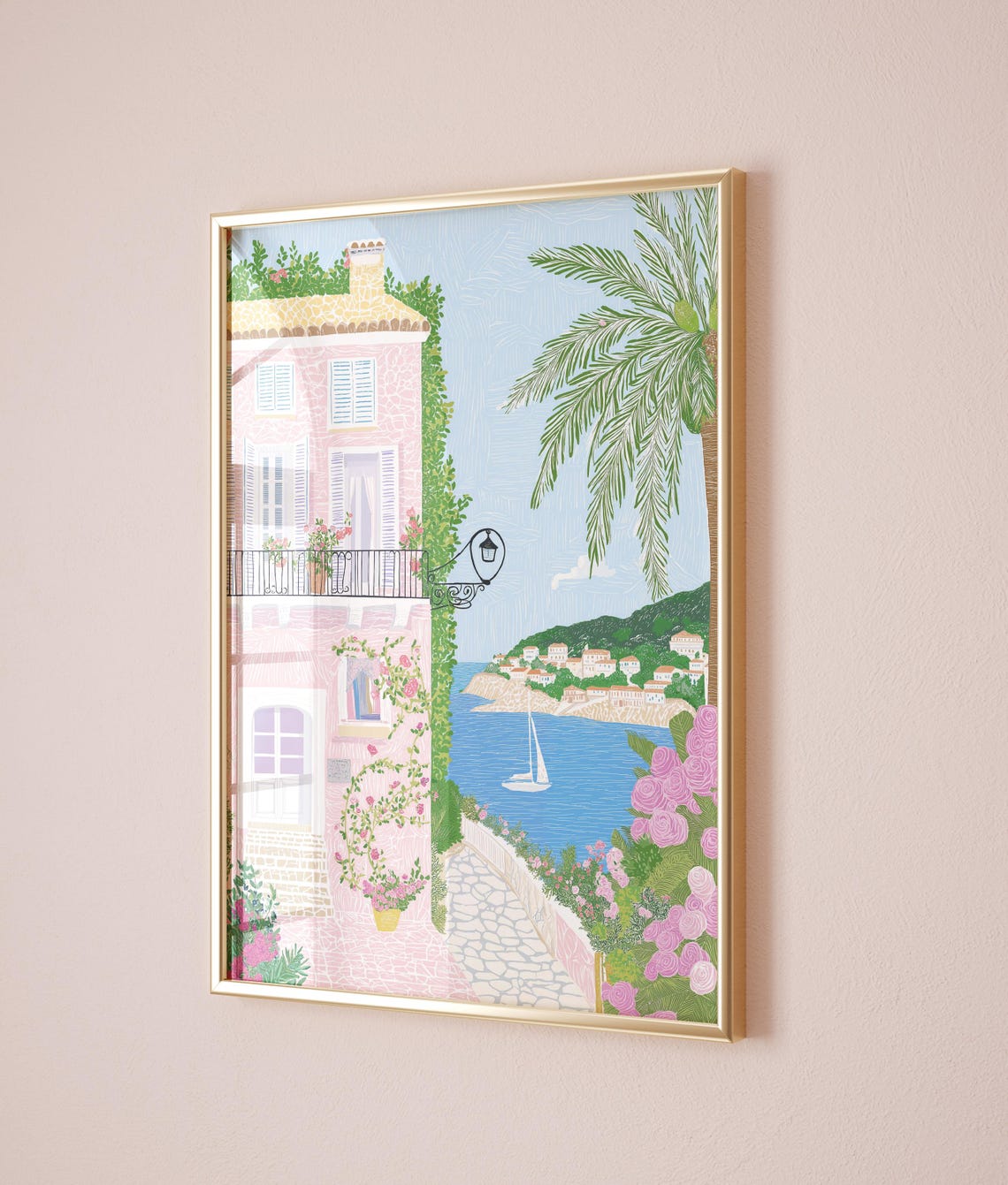Mediterranean Pink Villa Balcony Coastal Path Sailboat Summer Poster - Image 3