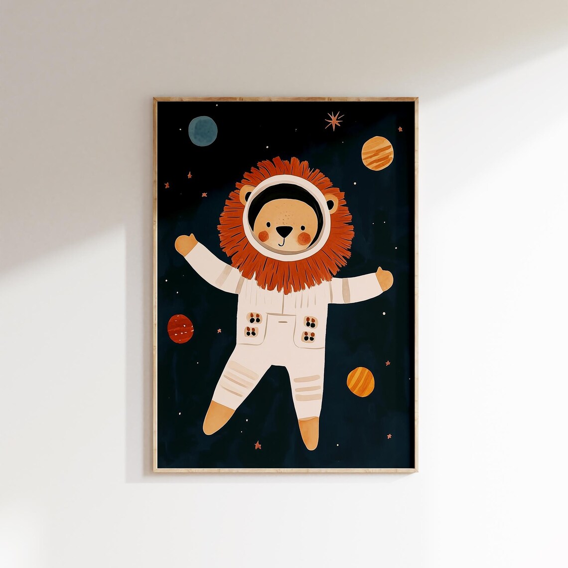 Cute Lion Astronaut In Spacesuit Floating Among Stars Kids Space Poster
