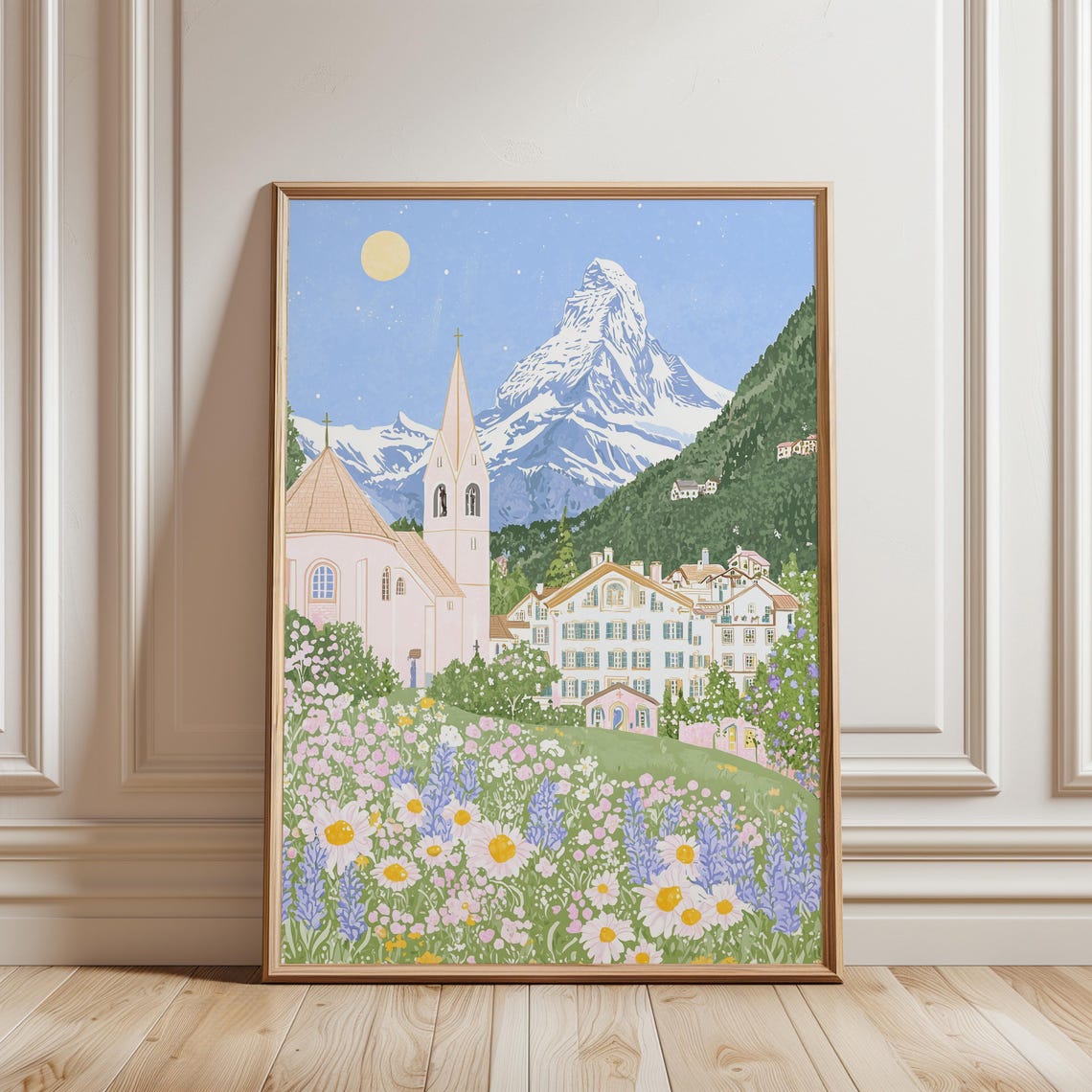 Alpine Village Church Snowy Peak Wildflower Meadow Summer Poster