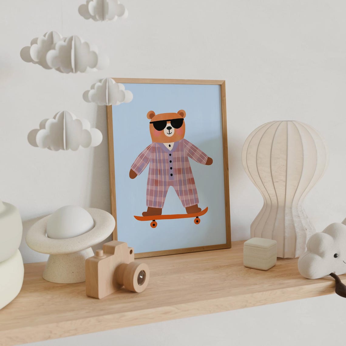 Cool Skateboard Bear Sunglasses Pajamas Blue Kids Room Wall Poster - Image 4