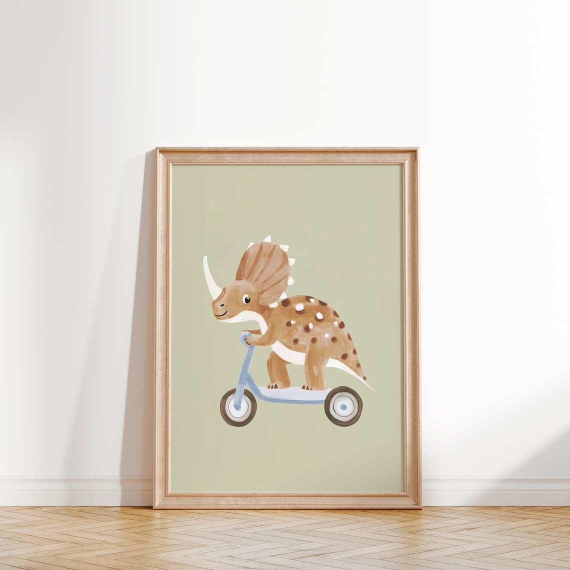 Triceratops on Scooter Kids Room Print Cute Dinosaur Riding Sage Green Art - Image 2