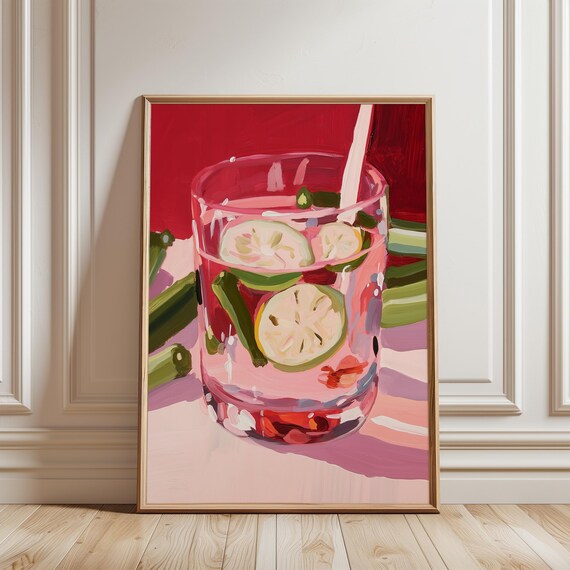 Pink Gin Cocktail Lime Mint Straw Vibrant Bar Drink Painterly Poster