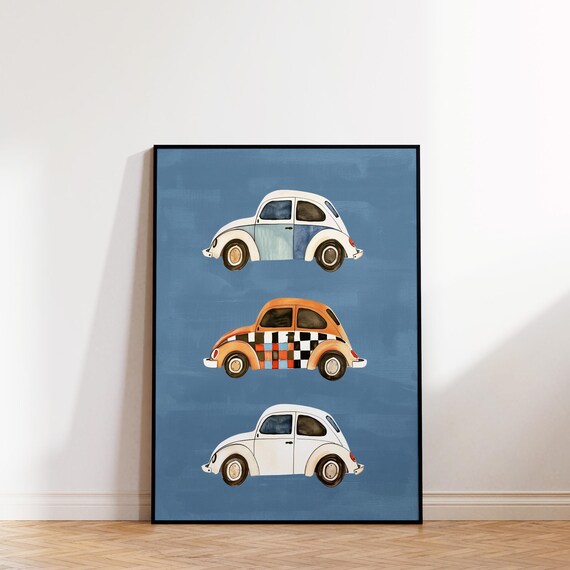 Three VW Beetle Cars Blue Background Kids Room Print Boys Car Decor