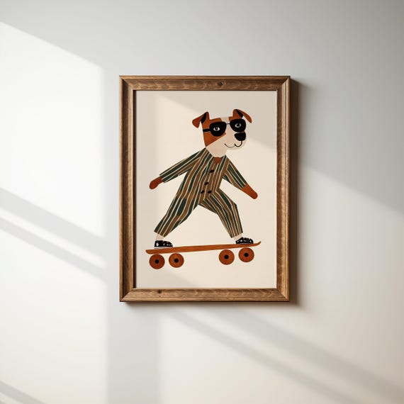Dog On Skateboard Art Print Nursery Animal Decor Boys Room Poster Playroom Wall Art Dog Lover Gift Kids Room