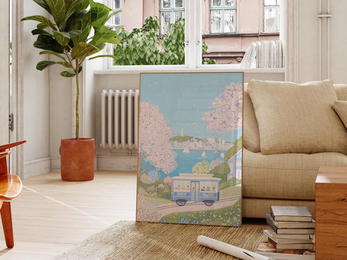 San Francisco Blue Cable Car Blossom Skyline Bay View Poster - Image 2