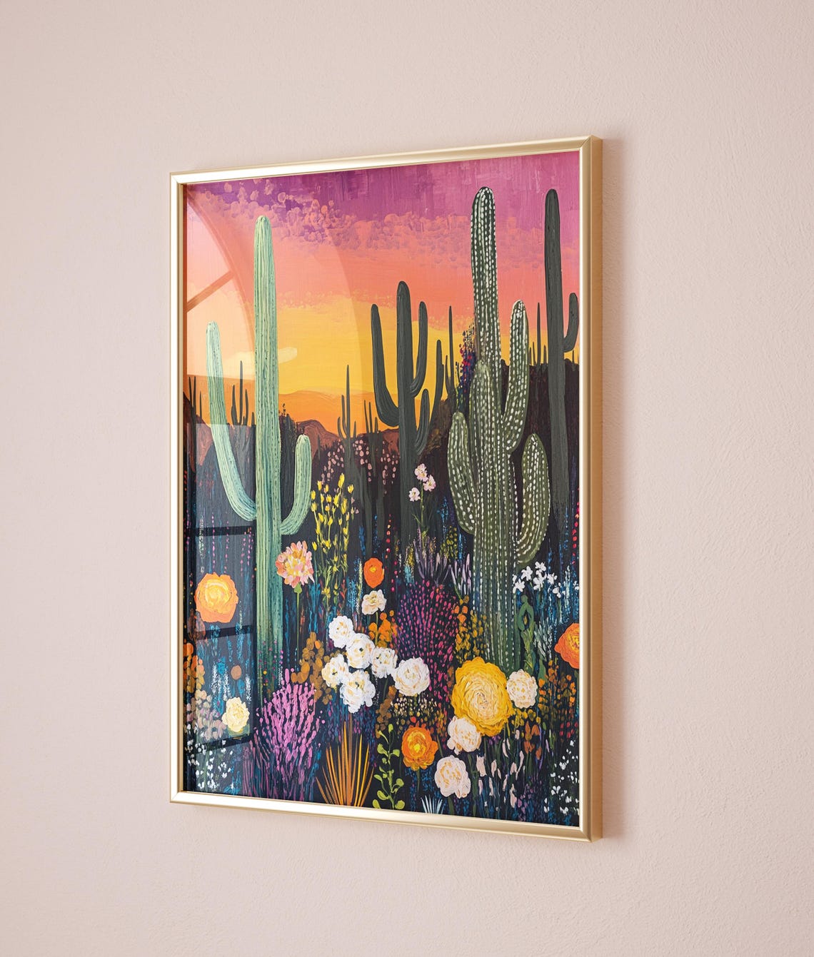Night Desert Cactus Sunset Vibrant Botanical Landscape Poster