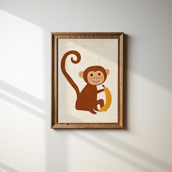 Smiling Brown Monkey Holding Banana Jungle Nursery Kids Room Poster
