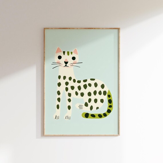 Spotted Leopard Cat Mint Green Background Nursery Art Poster