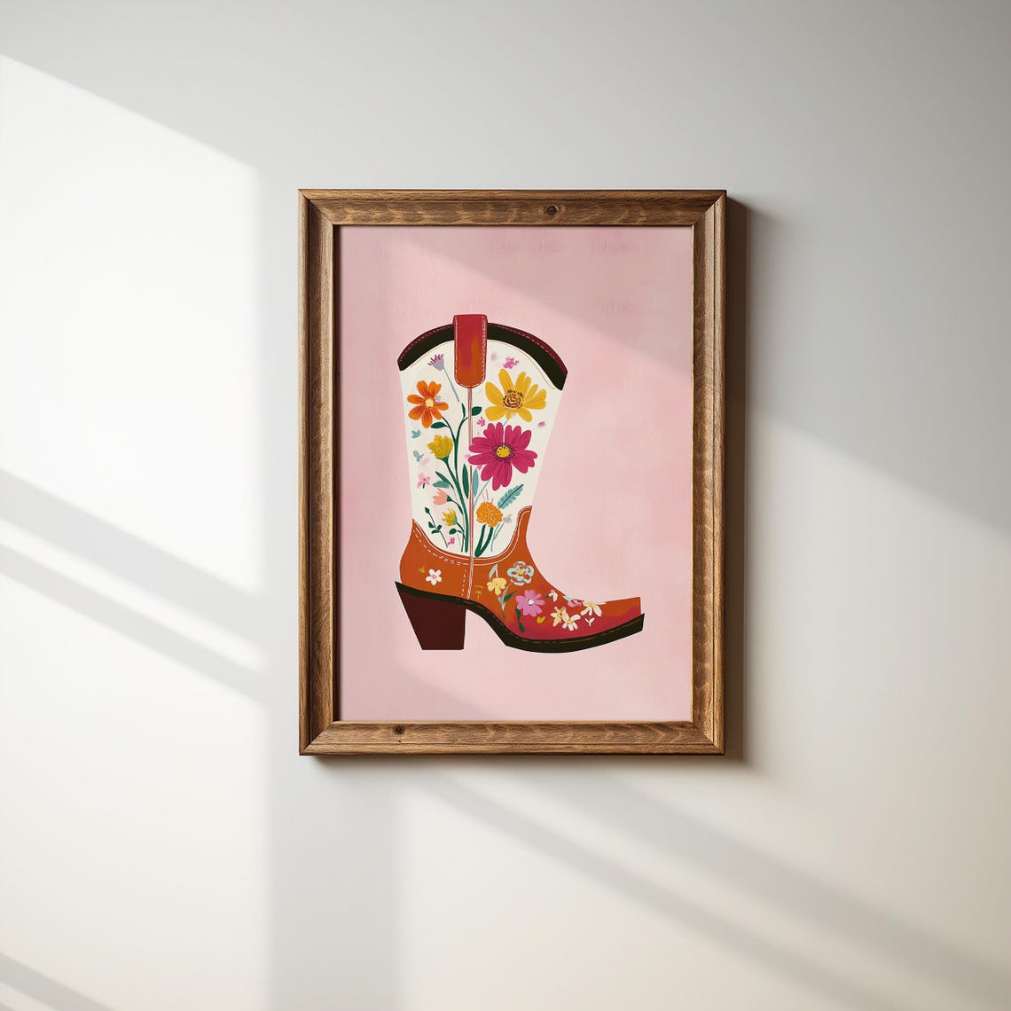 White Floral Cowboy Boot On Pink Western Boho Style Art Poster