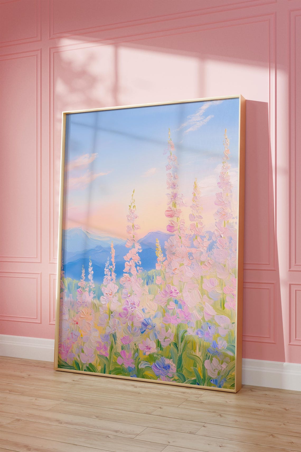 Pastel Tall Wildflowers Mountain Sunset Meadow Landscape Art Poster - Image 2