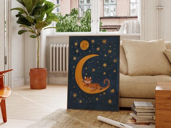 Tiger On Moon Print Nursery Wall Art Kids Room Decor Night Sky Whimsical Animal Art Dreamy Nursery Poster Kids Room Art