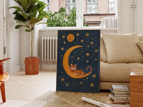 Tiger Sleeping On Crescent Moon Starry Night Kids Room Decor Art Poster