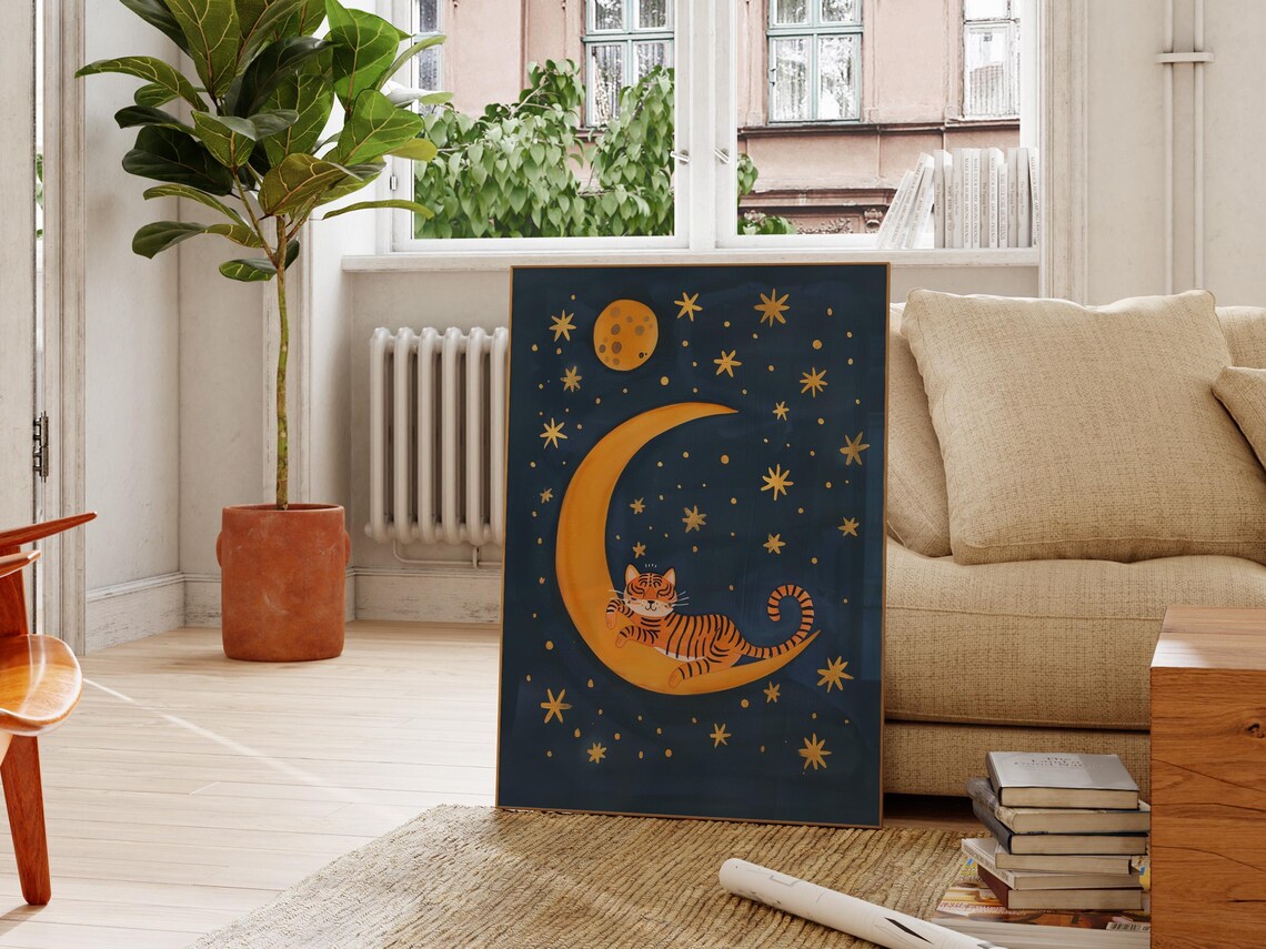 Tiger Sleeping On Crescent Moon Starry Night Kids Room Decor Art Poster
