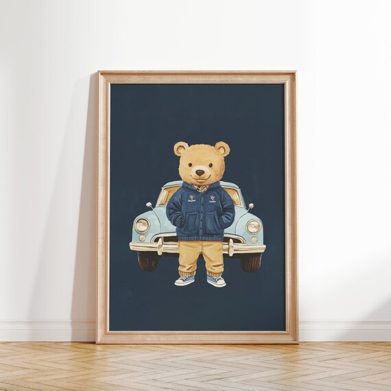 Teddy Bear in Varsity Jacket Standing by a Vintage Car Retro Kids Poster