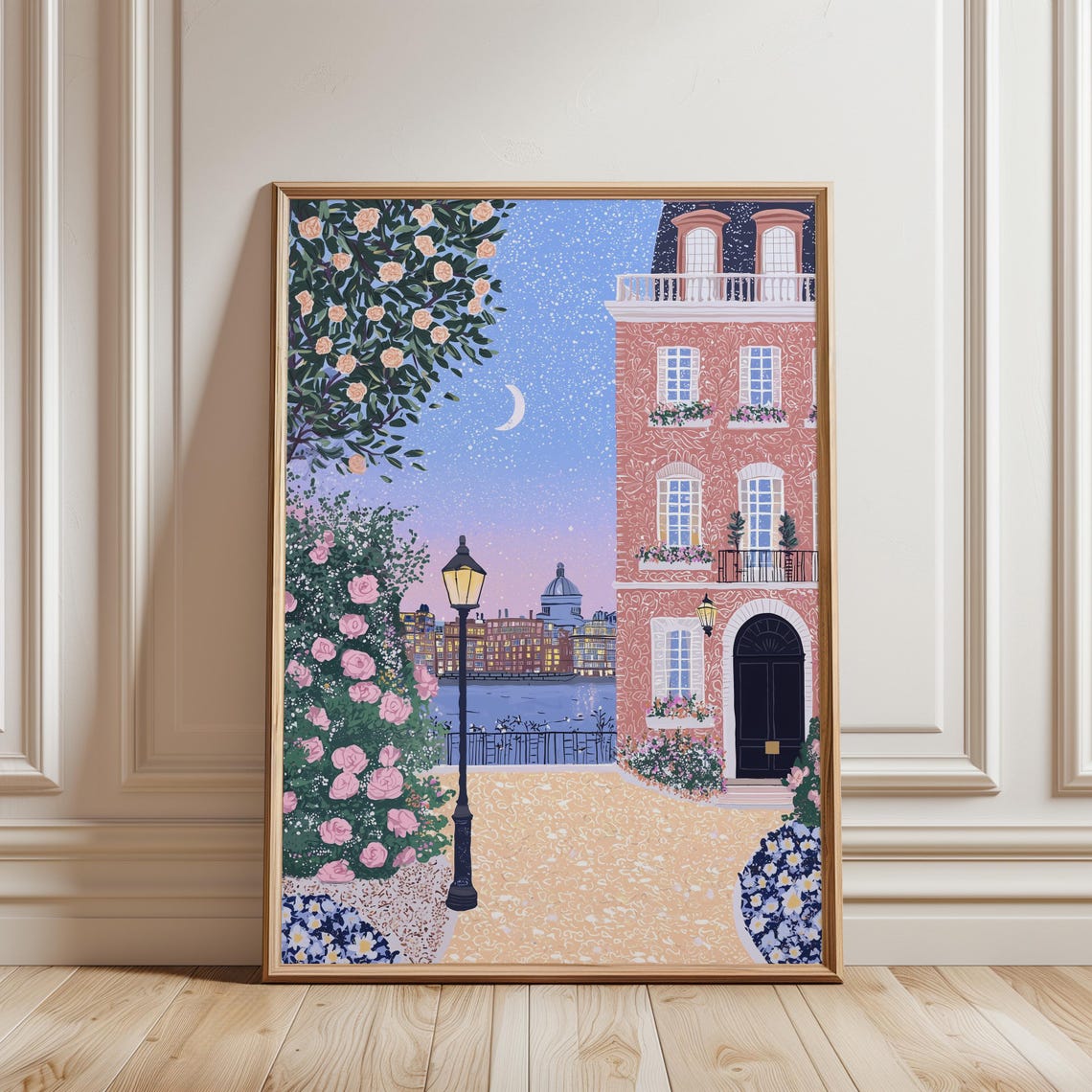 London Thames Night Pink Townhouse Moonlit Roses Romantic Poster