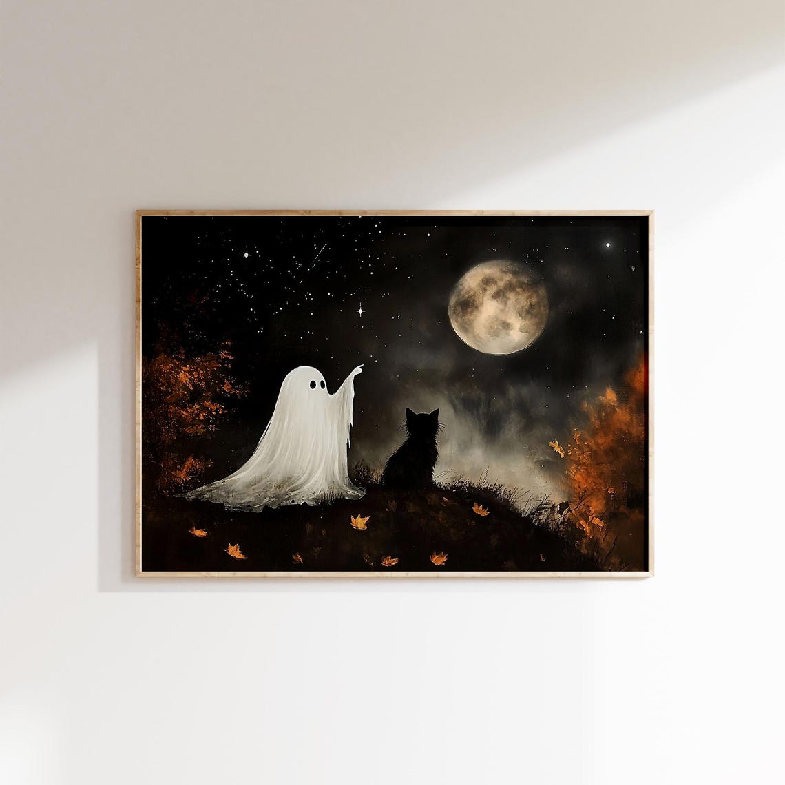 Ghost And Black Cat Under Full Moon And Stars Halloween Poster