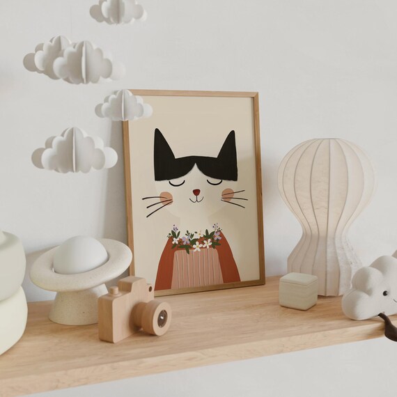 Sweet Serene Cat With Floral Collar Nursery Kids Animal Poster