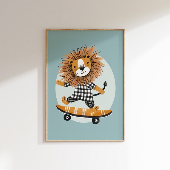 Skater Lion Kids Room Print Cute Lion on Skateboard in Checkered Pajamas