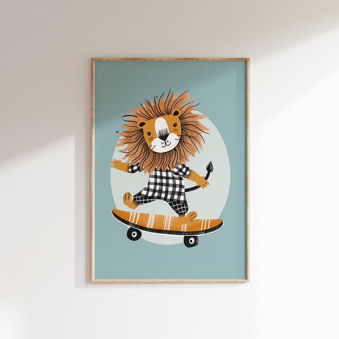 Skater Lion Kids Room Print Cute Lion on Skateboard in Checkered Pajamas