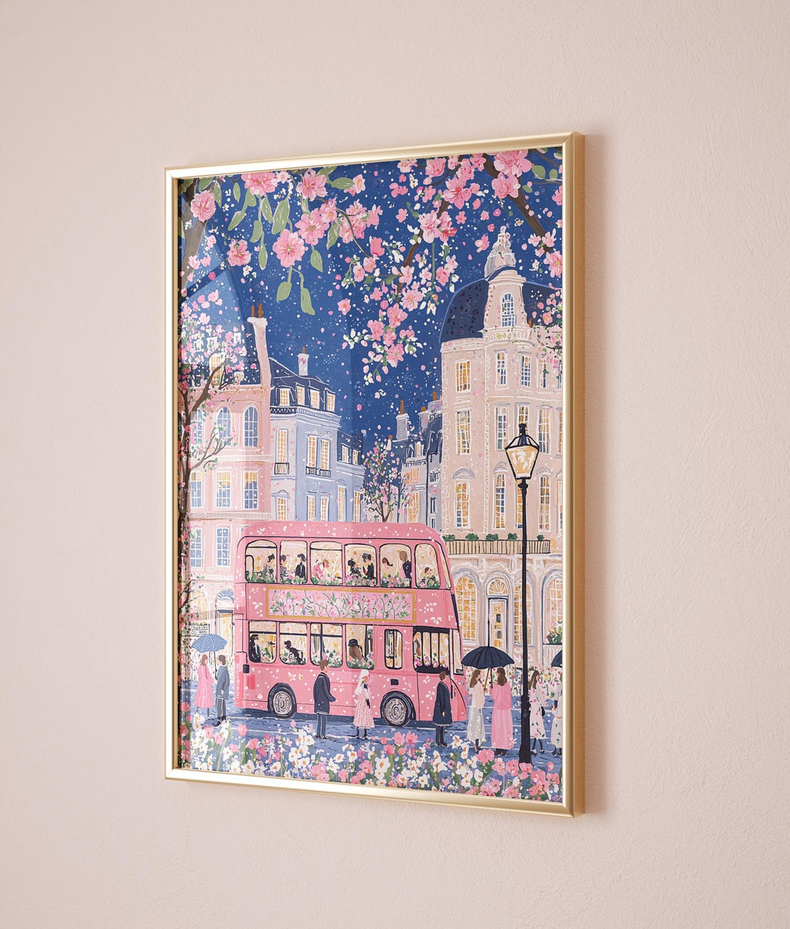 London Night Pink Double Decker Bus Blossom Street Evening Poster - Image 2