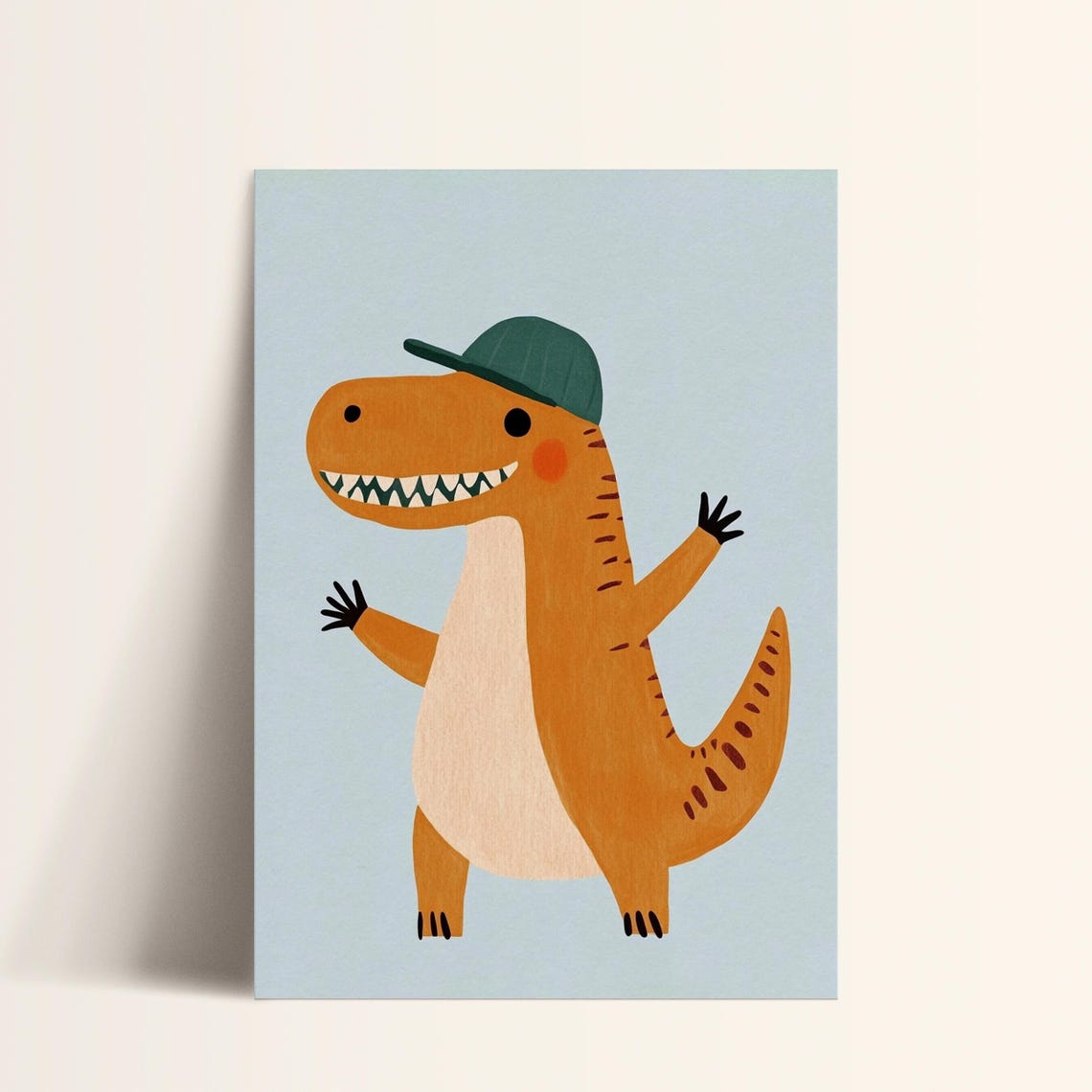 Cheerful Orange T Rex Wearing Green Cap Waving Kids Dino Poster