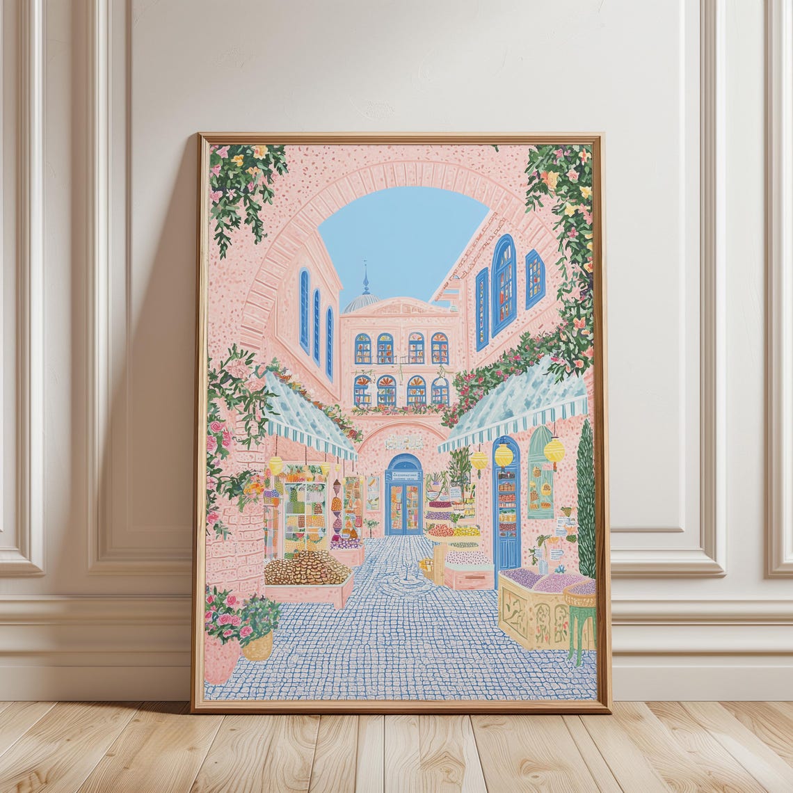Mediterranean Market Courtyard Pink Buildings Blue Cobblestone Poster