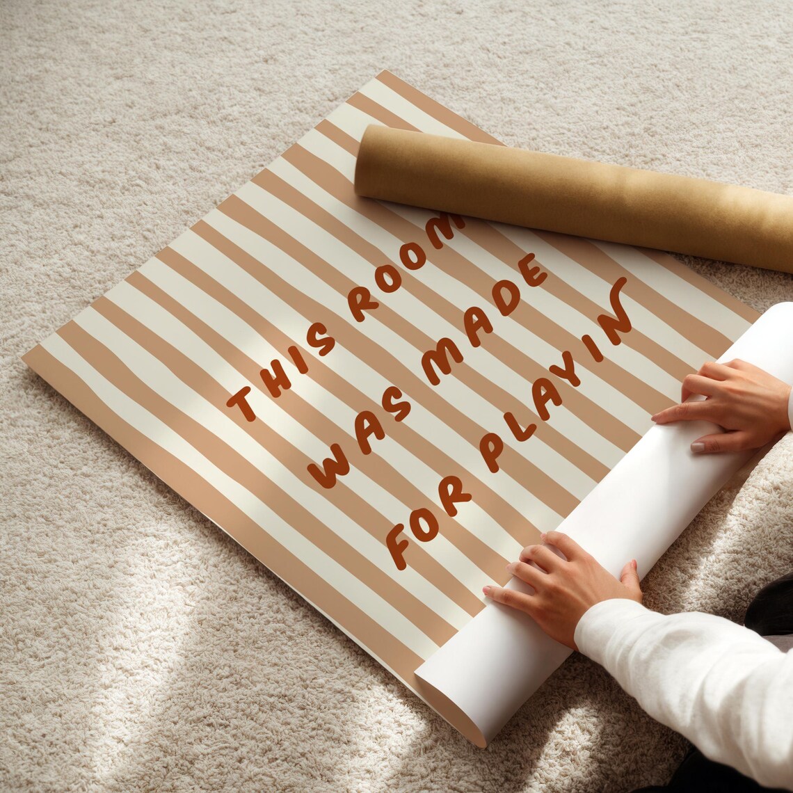 This Room Was Made For Playin Quote Tan Striped Neutral Kids Poster - Image 4