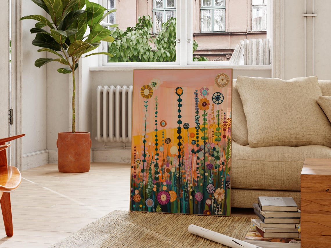 Whimsical Tall Wildflower Stems Peach Background Folk Art Poster