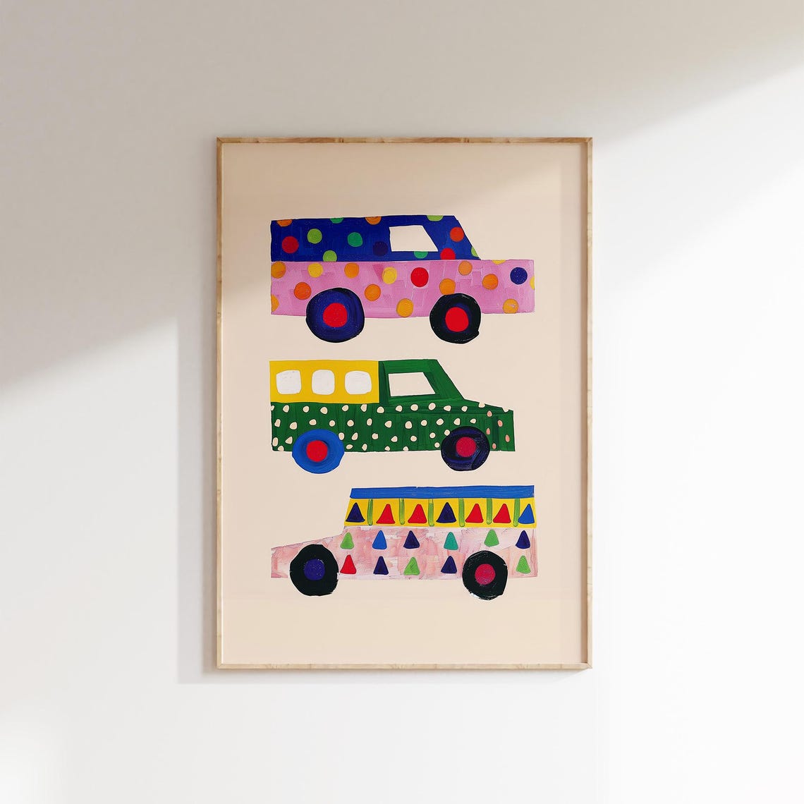Patterned Cars Art Poster for Boys Room Colorful Nursery Decor